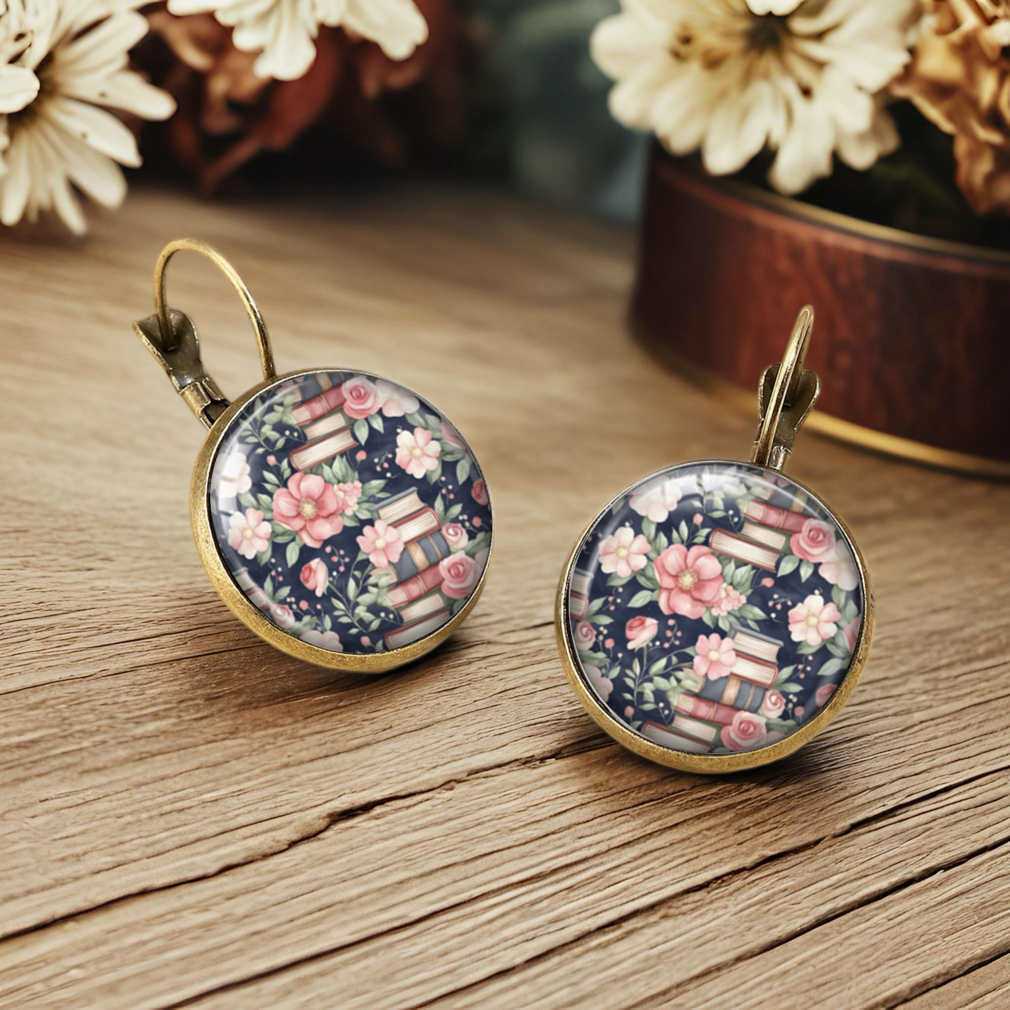 Floral Bookshelf Glass Dangle Earrings for Book Lovers